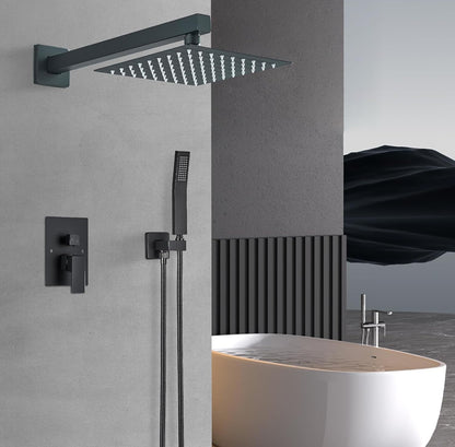 Grifo de ducha negro mate con cabezal de ducha de lluvia de 8 pulgadas y rociador de mano para baño, juego completo de grifo de ducha de lluvia montado en la pared 