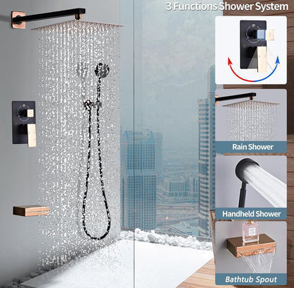 Sistema de ducha con boquilla de bañera, juego de grifo de ducha de lluvia de baño con 4 aros, cabezal de ducha de lluvia de alta presión de 10 pulgadas 