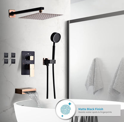 Sistema de ducha con boquilla de bañera, juego de grifo de ducha de lluvia de baño con 4 aros, cabezal de ducha de lluvia de alta presión de 10 pulgadas 