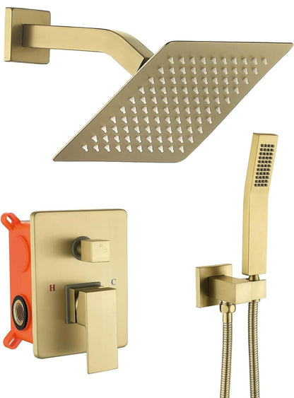 Grifo de ducha dorado cepillado de 8 pulgadas, ducha de lluvia y ducha de mano, sistema de ducha de 2 funciones incluido kit de molduras de ducha 