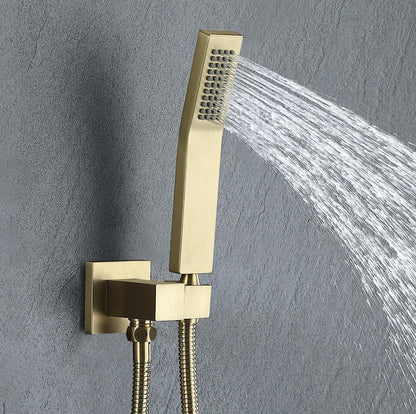 Grifo de ducha dorado cepillado de 8 pulgadas, ducha de lluvia y ducha de mano, sistema de ducha de 2 funciones incluido kit de molduras de ducha 