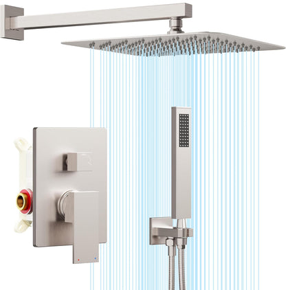 Gabrylly Sistema de ducha de 12 pulgadas, juego de grifo de ducha con cabezal de ducha de lluvia y ducha de mano, juego combinado de ducha de lluvia de lujo con válvula de ducha 