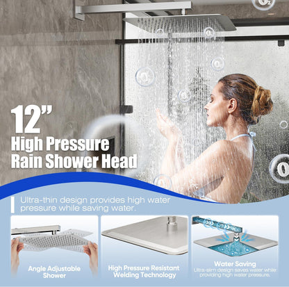 Gabrylly Sistema de ducha de 12 pulgadas, juego de grifo de ducha con cabezal de ducha de lluvia y ducha de mano, juego combinado de ducha de lluvia de lujo con válvula de ducha 