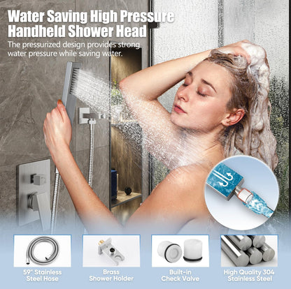 Gabrylly Sistema de ducha de 12 pulgadas, juego de grifo de ducha con cabezal de ducha de lluvia y ducha de mano, juego combinado de ducha de lluvia de lujo con válvula de ducha 