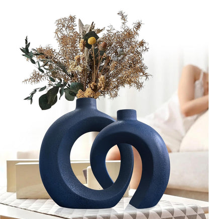 Juego de jarrones de rosquilla azul, jarrones de cerámica para decoración del hogar 