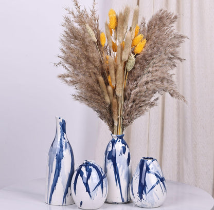 Juego de 4 jarrones de cerámica azul y blanco, modernos jarrones decorativos de color azul marino 