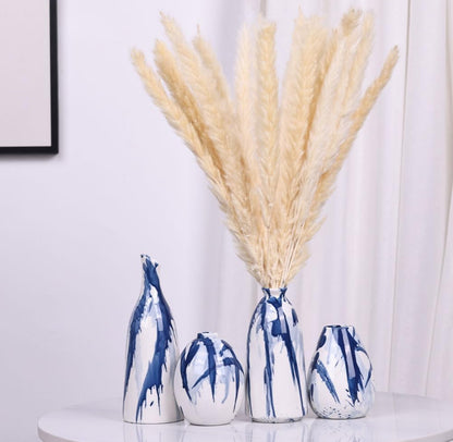 Juego de 4 jarrones de cerámica azul y blanco, modernos jarrones decorativos de color azul marino 