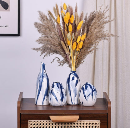 Juego de 4 jarrones de cerámica azul y blanco, modernos jarrones decorativos de color azul marino 