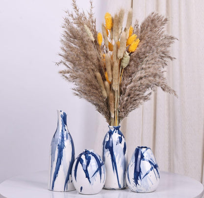 Juego de 4 jarrones de cerámica azul y blanco, modernos jarrones decorativos de color azul marino 