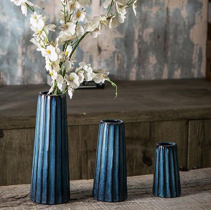 Jarrones de cerámica azul – 3 pequeños jarrones acanalados para flores, decoración minimalista moderna del hogar
