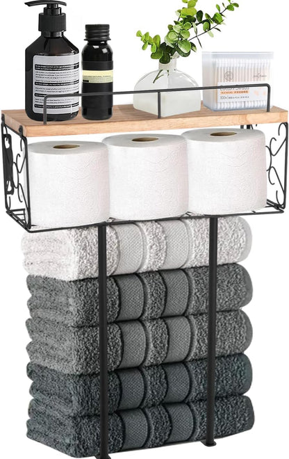 Toalleros para baño de pared con estante de madera 