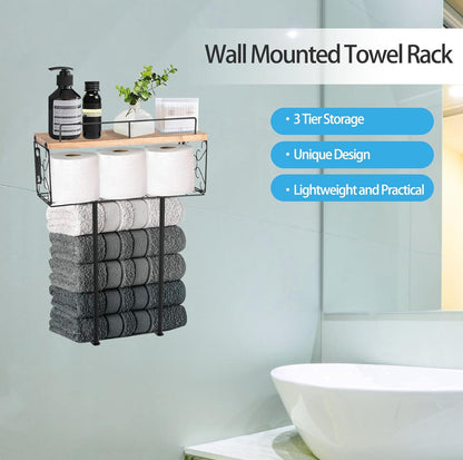 Toalleros para baño de pared con estante de madera 