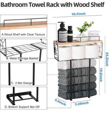 Toalleros para baño de pared con estante de madera 