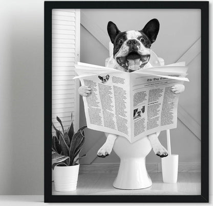 Biufo Arte enmarcado para pared, diseño de perro en inodoro, póster impreso en lienzo negro y blanco para baño, dormitorio (8 x 10 pulgadas) 
