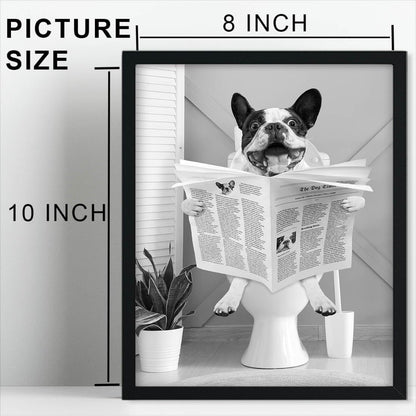 Biufo Arte enmarcado para pared, diseño de perro en inodoro, póster impreso en lienzo negro y blanco para baño, dormitorio (8 x 10 pulgadas) 