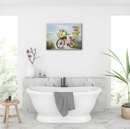 Arte de pared de playa para decoración de baño, imágenes de baño, impresión en lienzo de bicicleta, pintura de paisaje marino 