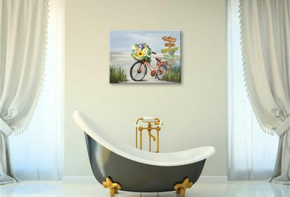Arte de pared de playa para decoración de baño, imágenes de baño, impresión en lienzo de bicicleta, pintura de paisaje marino 