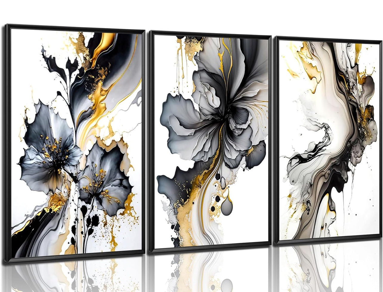 Dytila ​​Juego de 3 cuadros de arte de pared negro y dorado, con textura de mármol, decoración de pared, carteles abstractos de oro gris, impresiones modernas en lienzo, obras de arte para baño, 