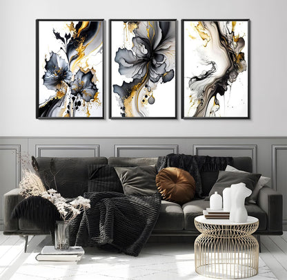 Dytila ​​Juego de 3 cuadros de arte de pared negro y dorado, con textura de mármol, decoración de pared, carteles abstractos de oro gris, impresiones modernas en lienzo, obras de arte para baño, 