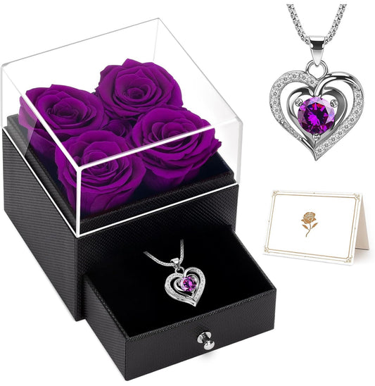 LACCHOUFEE Regalos de rosas para el día de cumpleaños para mujeres, flores preservadas, regalo de 4 rosas para mamá, caja con collar, abuela, esposa, amiga, maestra, enfermera, regalo de aniversario 