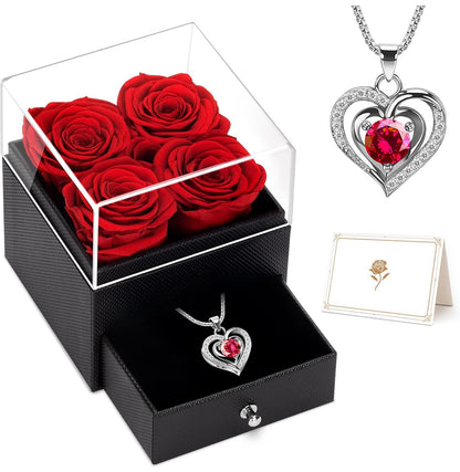 LACCHOUFEE Regalos de rosas para el día de cumpleaños para mujeres, flores preservadas, regalo de 4 rosas para mamá, caja con collar, abuela, esposa, amiga, maestra, enfermera, regalo de aniversario