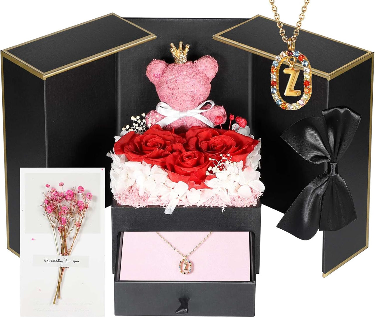 Regalos de cumpleaños para novia – Rosas reales preservadas con collar inicial, regalo significativo de aniversario del día de la madre para ella, esposa, hermana