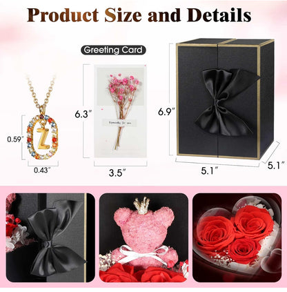Regalos de cumpleaños para novia – Rosas reales preservadas con collar inicial, regalo significativo de aniversario del día de la madre para ella, esposa, hermana