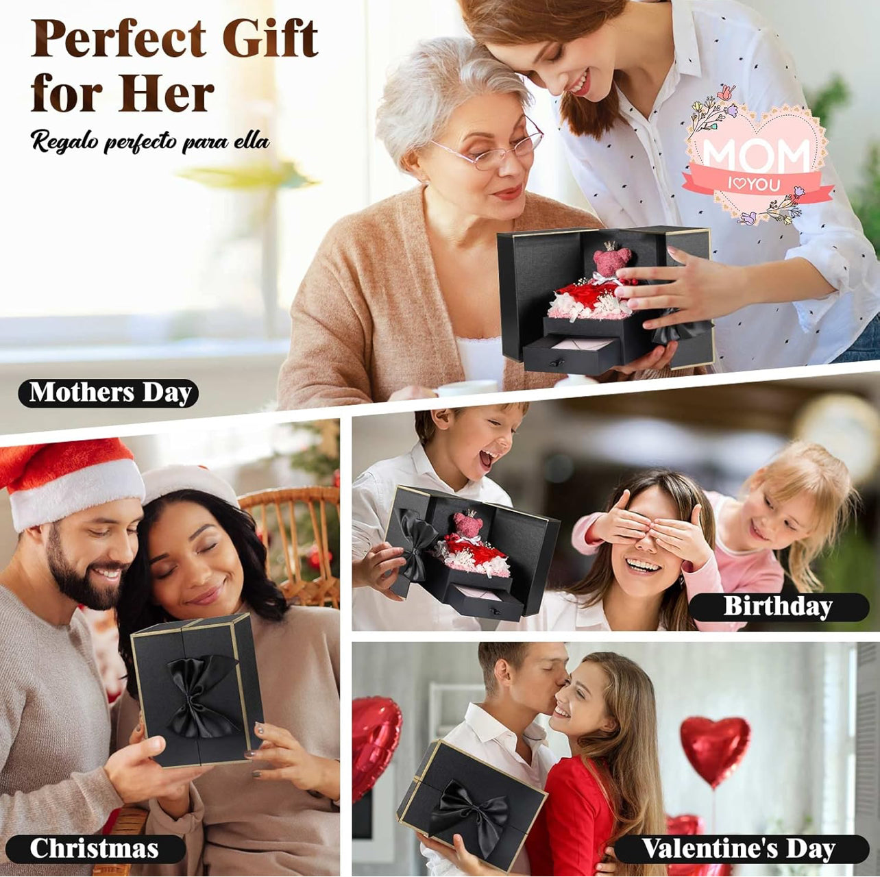 Regalos de cumpleaños para novia – Rosas reales preservadas con collar inicial, regalo significativo de aniversario del día de la madre para ella, esposa, hermana