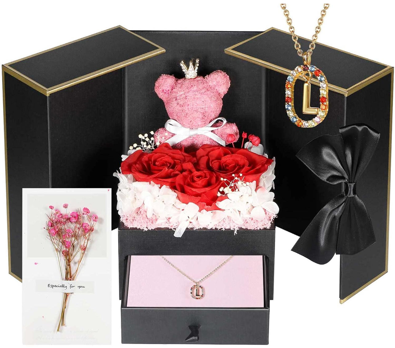 Regalos de cumpleaños para novia – Rosas reales preservadas con collar inicial, regalo significativo de aniversario del día de la madre para ella, esposa, hermana