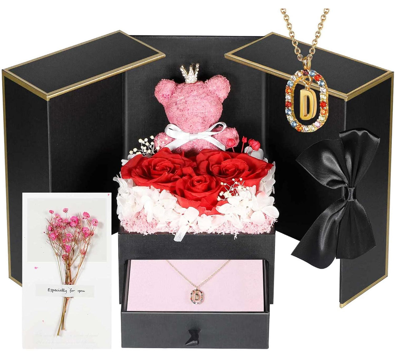 Regalos de cumpleaños para novia – Rosas reales preservadas con collar inicial, regalo significativo de aniversario del día de la madre para ella, esposa, hermana