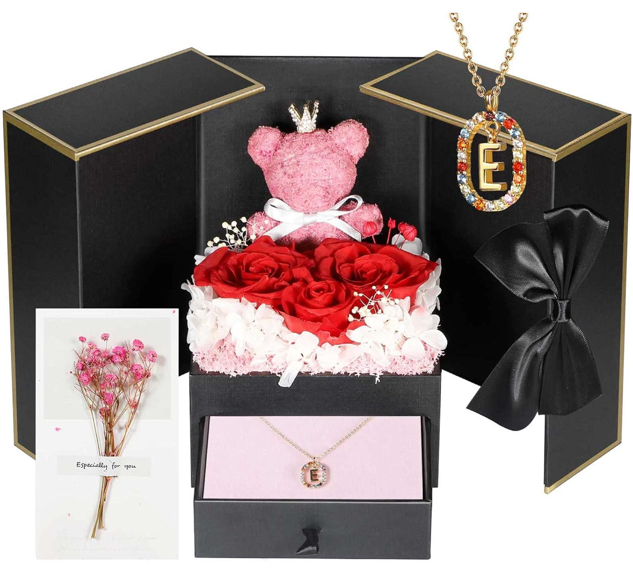 Regalos de cumpleaños para novia – Rosas reales preservadas con collar inicial, regalo significativo de aniversario del día de la madre para ella, esposa, hermana