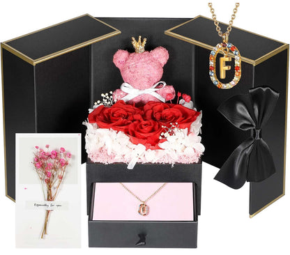 Regalos de cumpleaños para novia – Rosas reales preservadas con collar inicial, regalo significativo de aniversario del día de la madre para ella, esposa, hermana