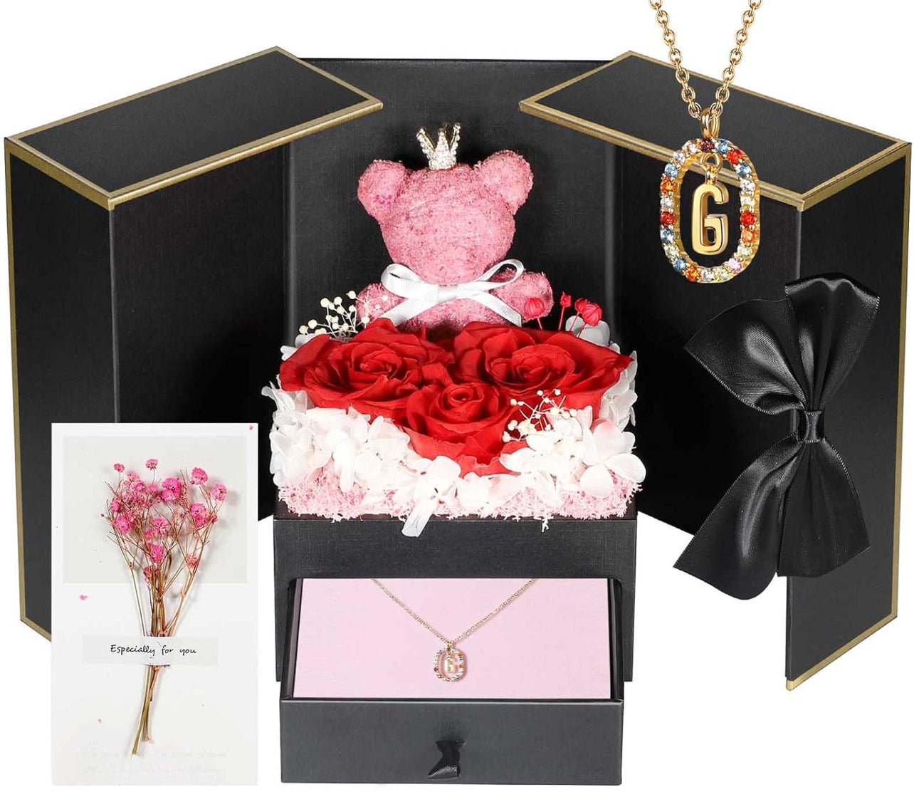 Regalos de cumpleaños para novia – Rosas reales preservadas con collar inicial, regalo significativo de aniversario del día de la madre para ella, esposa, hermana