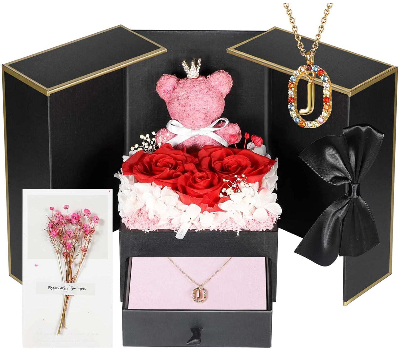 Regalos de cumpleaños para novia – Rosas reales preservadas con collar inicial, regalo significativo de aniversario del día de la madre para ella, esposa, hermana