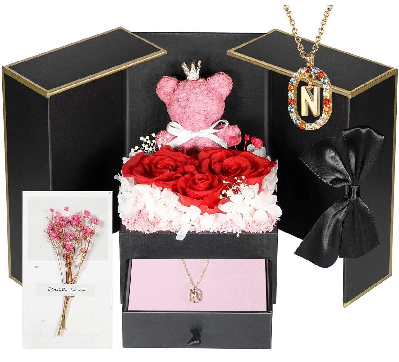Regalos de cumpleaños para novia – Rosas reales preservadas con collar inicial, regalo significativo de aniversario del día de la madre para ella, esposa, hermana