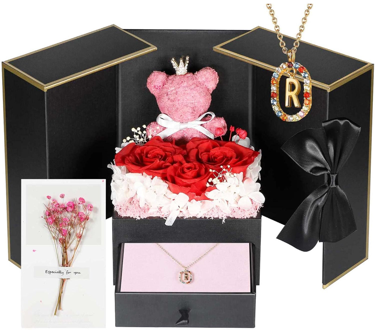 Regalos de cumpleaños para novia – Rosas reales preservadas con collar inicial, regalo significativo de aniversario del día de la madre para ella, esposa, hermana