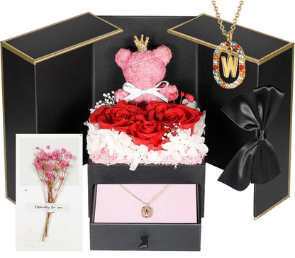 Regalos de cumpleaños para novia – Rosas reales preservadas con collar inicial, regalo significativo de aniversario del día de la madre para ella, esposa, hermana