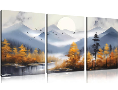 CANEITO Arte de pared de montaña para sala de estar, lienzo de árbol dorado para decoración de pared para dormitorio, imagen moderna con estampado de bosque, tamaño 12 x 16 pulgadas, 3 piezas 