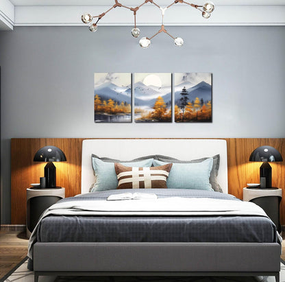 CANEITO Arte de pared de montaña para sala de estar, lienzo de árbol dorado para decoración de pared para dormitorio, imagen moderna con estampado de bosque, tamaño 12 x 16 pulgadas, 3 piezas 