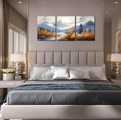 CANEITO Arte de pared de montaña para sala de estar, lienzo de árbol dorado para decoración de pared para dormitorio, imagen moderna con estampado de bosque, tamaño 12 x 16 pulgadas, 3 piezas 
