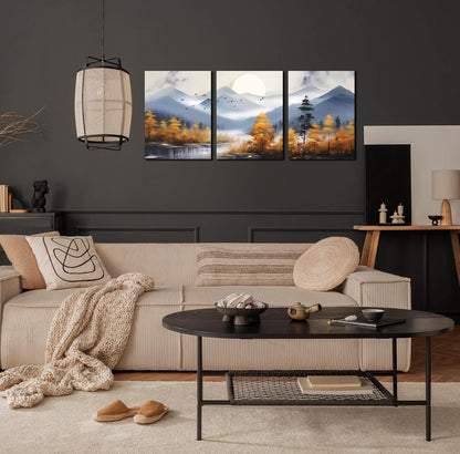 CANEITO Arte de pared de montaña para sala de estar, lienzo de árbol dorado para decoración de pared para dormitorio, imagen moderna con estampado de bosque, tamaño 12 x 16 pulgadas, 3 piezas 