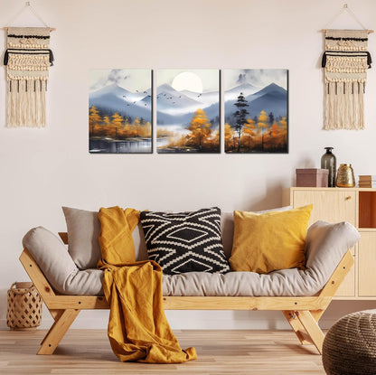 CANEITO Arte de pared de montaña para sala de estar, lienzo de árbol dorado para decoración de pared para dormitorio, imagen moderna con estampado de bosque, tamaño 12 x 16 pulgadas, 3 piezas 