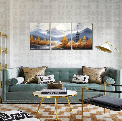 CANEITO Arte de pared de montaña para sala de estar, lienzo de árbol dorado para decoración de pared para dormitorio, imagen moderna con estampado de bosque, tamaño 12 x 16 pulgadas, 3 piezas 
