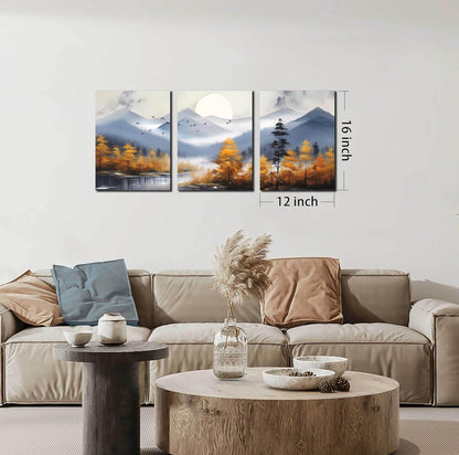 CANEITO Arte de pared de montaña para sala de estar, lienzo de árbol dorado para decoración de pared para dormitorio, imagen moderna con estampado de bosque, tamaño 12 x 16 pulgadas, 3 piezas 