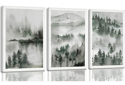 3 piezas de lienzo de acuarela de bosque brumoso, arte de pared, arte de pared verde abstracto de montaña natural, pinturas de paisajes naturales 