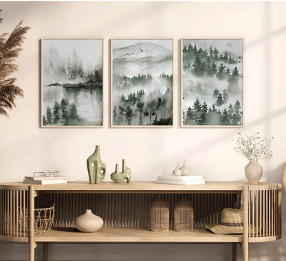 3 piezas de lienzo de acuarela de bosque brumoso, arte de pared, arte de pared verde abstracto de montaña natural, pinturas de paisajes naturales 