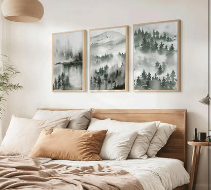 3 piezas de lienzo de acuarela de bosque brumoso, arte de pared, arte de pared verde abstracto de montaña natural, pinturas de paisajes naturales 