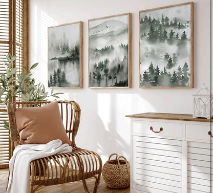 3 piezas de lienzo de acuarela de bosque brumoso, arte de pared, arte de pared verde abstracto de montaña natural, pinturas de paisajes naturales 
