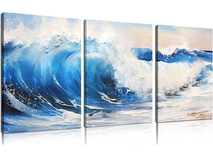 CANEITO Arte de pared de océano para sala de estar, decoración de pared azul para dormitorio, impresión en lienzo de olas de mar, tamaño 12 x 16 pulgadas, 3 piezas 