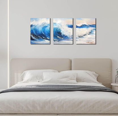 CANEITO Arte de pared de océano para sala de estar, decoración de pared azul para dormitorio, impresión en lienzo de olas de mar, tamaño 12 x 16 pulgadas, 3 piezas 